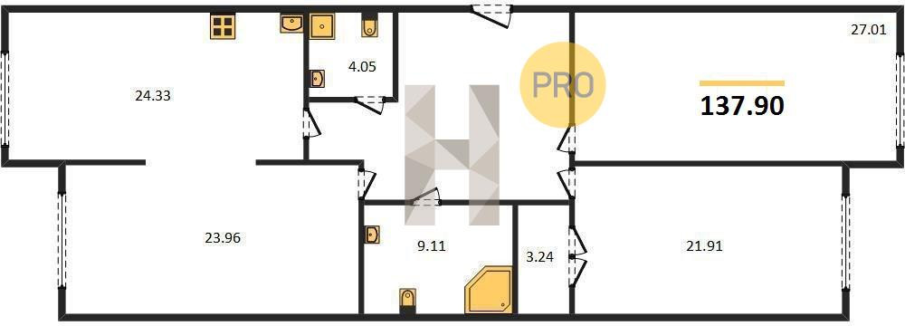 Трёхкомнатная квартира 137.9 м²
