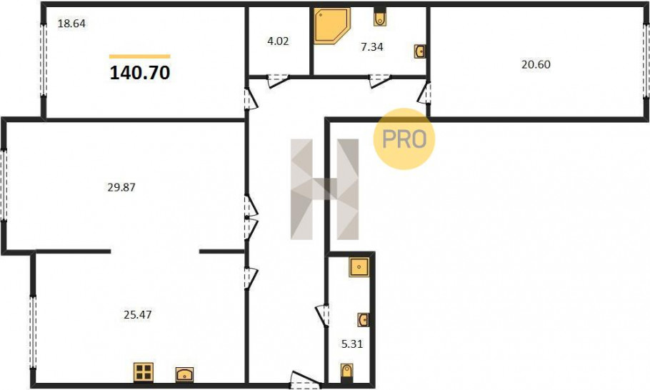 Трёхкомнатная квартира 140.7 м²