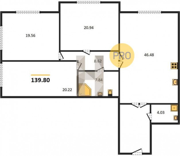 Трёхкомнатная квартира 139.8 м²