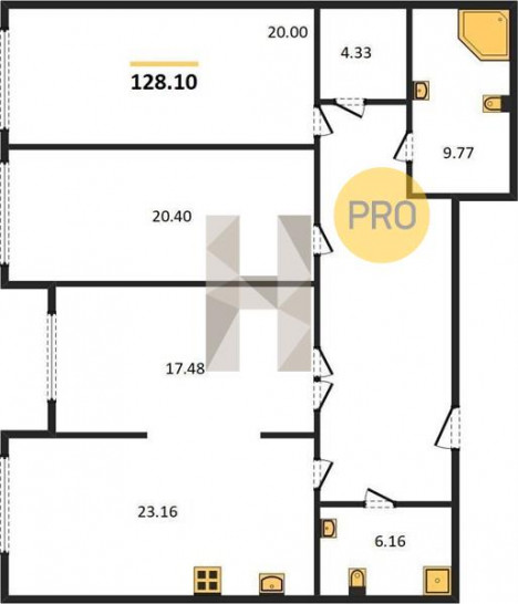 Трёхкомнатная квартира 128.1 м²