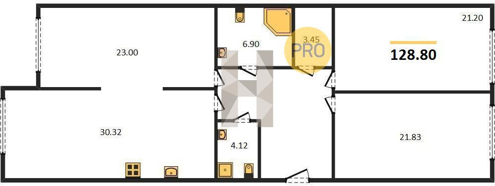 Трёхкомнатная квартира 128.8 м²