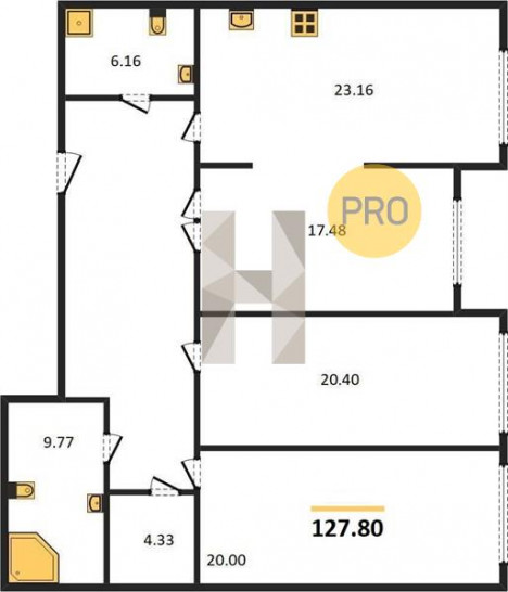 Трёхкомнатная квартира 127.8 м²