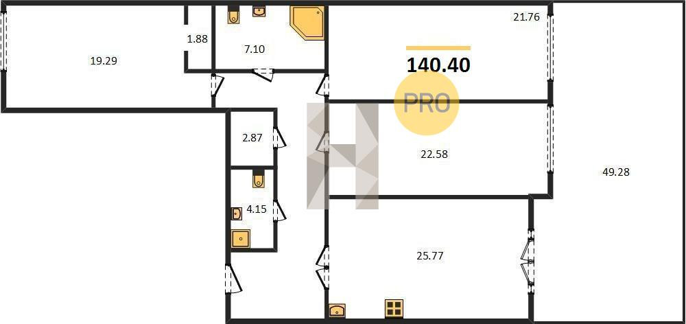 Трёхкомнатная квартира 140.4 м²