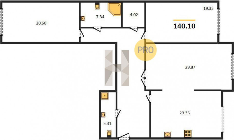 Трёхкомнатная квартира 140.1 м²