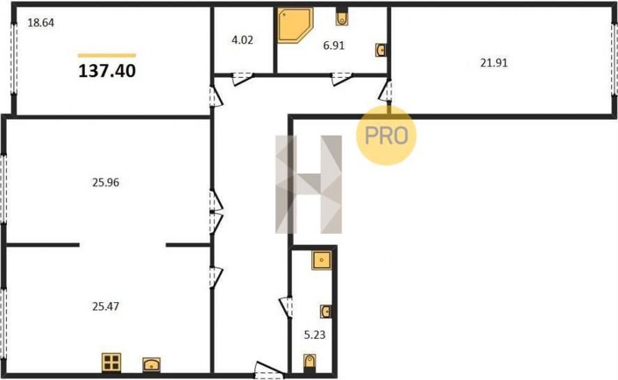 Трёхкомнатная квартира 137.4 м²