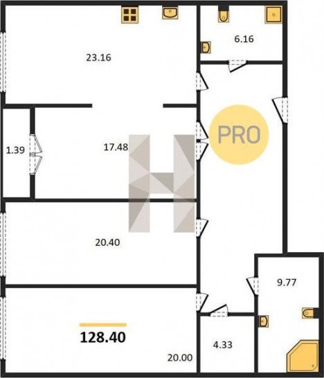 Трёхкомнатная квартира 128.4 м²