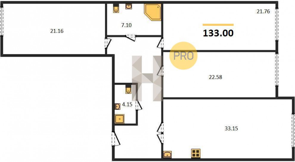 Трёхкомнатная квартира 133 м²