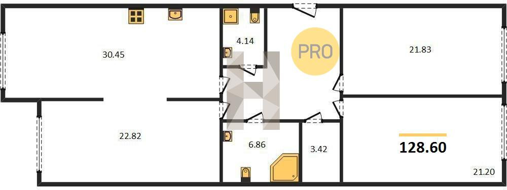 Трёхкомнатная квартира 128.6 м²
