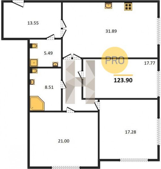 Трёхкомнатная квартира 123.9 м²