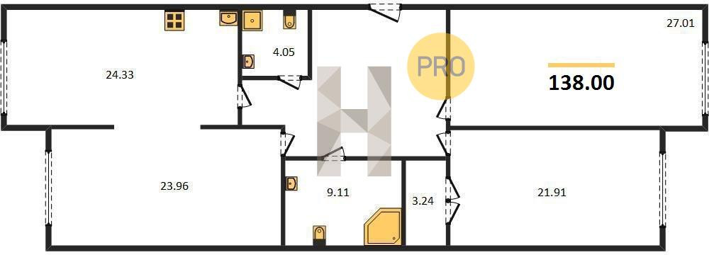 Трёхкомнатная квартира 138 м²