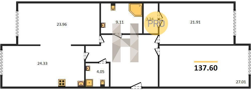 Трёхкомнатная квартира 137.6 м²