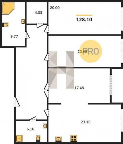 Трёхкомнатная квартира 128.1 м²