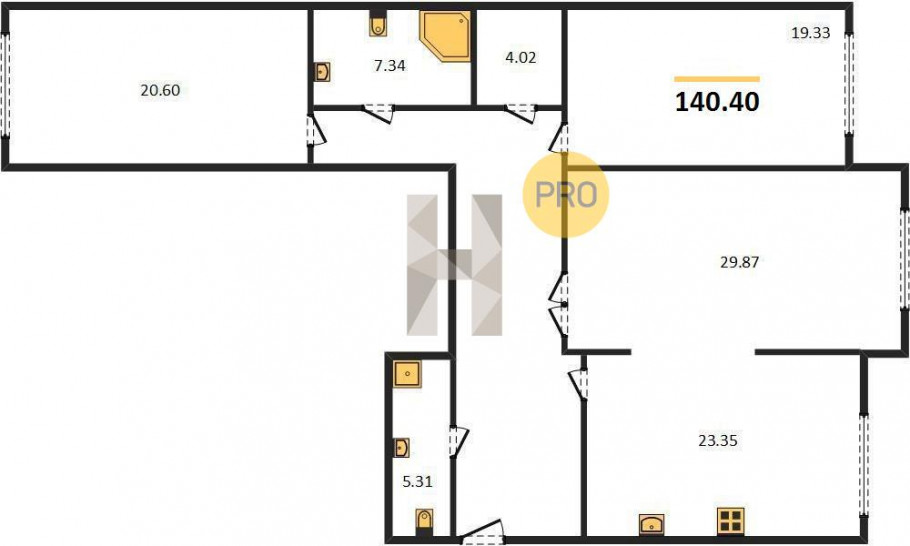 Трёхкомнатная квартира 140.4 м²