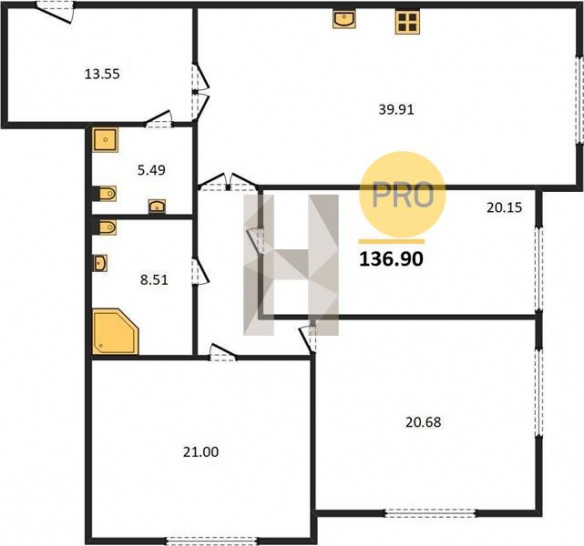 Трёхкомнатная квартира 136.9 м²