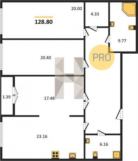 Трёхкомнатная квартира 128.8 м²