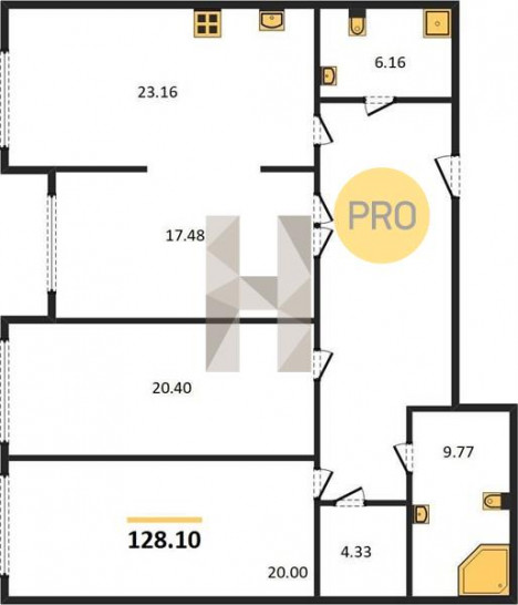 Трёхкомнатная квартира 128.1 м²