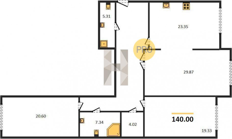 Трёхкомнатная квартира 140 м²